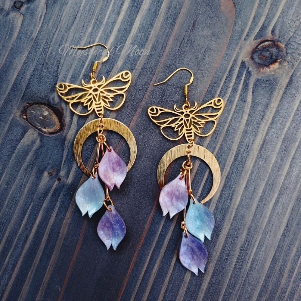 Cosmic Blue Leaves Long Dangle Earrings with Moth & Crescent Moon Charm Statemen